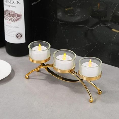 Porte-Bougie - 3 Bras - Fer - Doré - Pour Bougies Chauffe-Plat Et Coniques - Table - 1 Pièce (1/5)