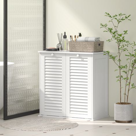 Armadio per la lavanderia, 2 cesti portabiancheria ribaltabili, 2 ante a persiana, 70 x 38 x 73 cm, bianco (1/5)