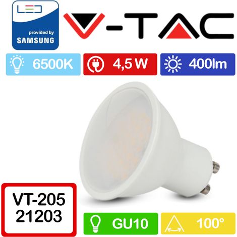 V-TAC PRO VT-205 Faretto LED GU10 con Chip Samsung 4,5W 100° Copertura Satinata Bianco freddo - 6400K (1/10)