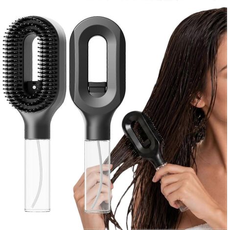 Brosse à cheveux vaporisatrice brume fine anti-frisottis anti-statique démêlante 2 en 1 pour cheveux secs indisciplinés emmêlés noire (1/5)