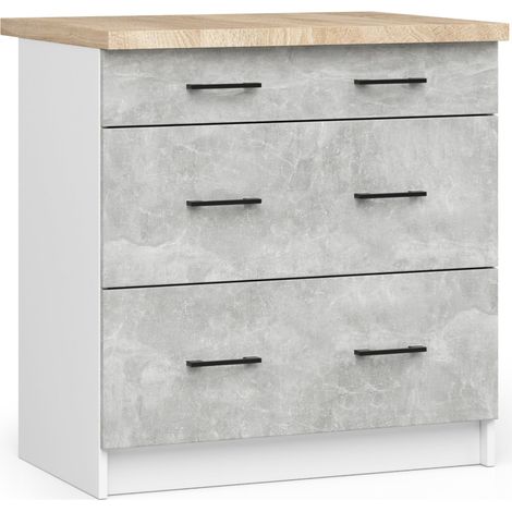 Küchenschrank AKORD OLIWIA modular S80 Unterschrank mit Arbeitsplatte Weiß 80 cm 3 Schubladen Front Beton B80 x H85 x T46 cm