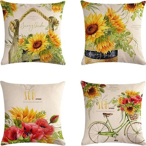 Fundas de cojín decorativas impermeables, funda de almohada estilo rústico con girasoles amarillos para primavera/verano, 45 x 45 cm, juego de 4 para jardín, sala de estar, sofá, banco (Girasol) (1/5)