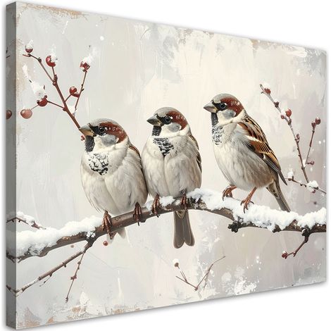 Wandbild Spatzen Vögel sitzen auf einem Zweig im Winter 60x40 cm