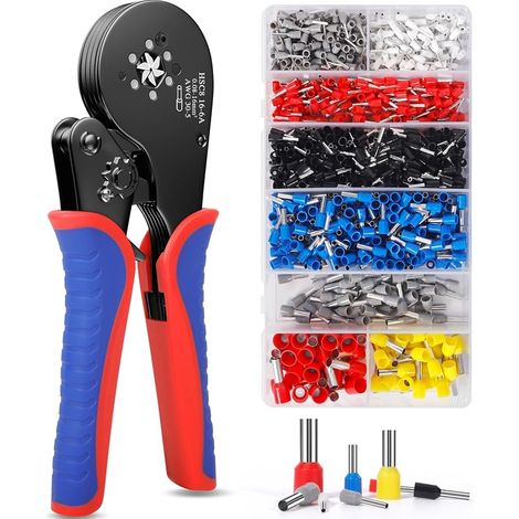 Ensemble de pinces à sertir hexagonales, 8 types de 0,08-16 mm² Kit d'extrémité de fil avec 1200 connecteurs, pince à sertir hexagonale auto-alignée, pince à sertir (1/5)