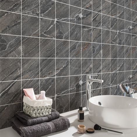 Sticker Mural Carrelage adhésif Cuisine Salle de Bain - 24 STICKERS CARRELAGES MARBRE GRIS DE MOSTA - 24stickers10x10cm (1/4)