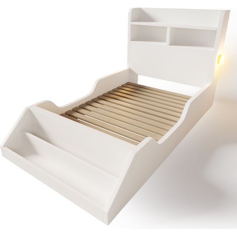 Letto singolo 90x200 cm in legno bianco con mensola, luci notturne e rete a doghe (1/5)