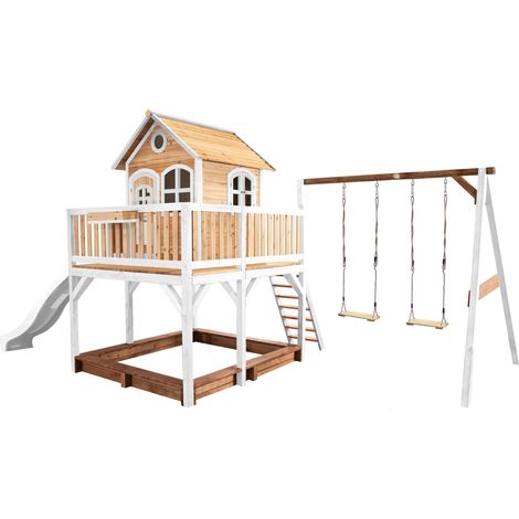Cabane de jardin pour enfant avec bac à sable – 2 balançoires et toboggan – Bois FSC marron et blanc – Aire de jeux extérieure sécurisée – AXI