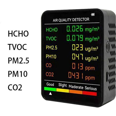 Luchtkwaliteitsmonitor - 6 functies - Detecteert PM2.5, PM10, HCHO, TVOC, CO, CO2 - Geschikt voor het monitoren van de binnenlucht, het testen van kantoorruimtes, het inspecteren van de lucht in auto' (1/5)