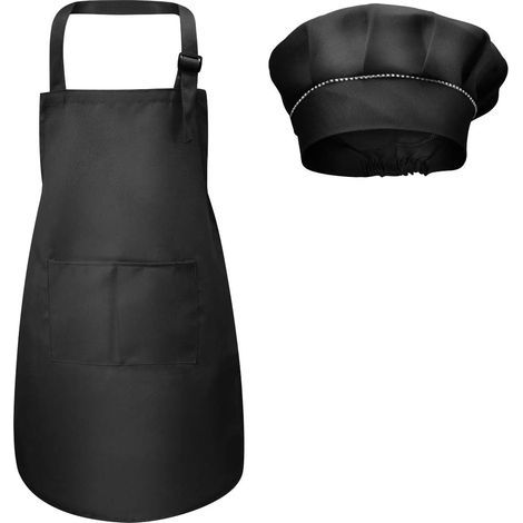 Kids Apron + Chef Hat, Kids Adjustable Kitchen Apron with Pockets for Cooking Baking Painting 4-12 Years Old (Black, L) (1/5)
