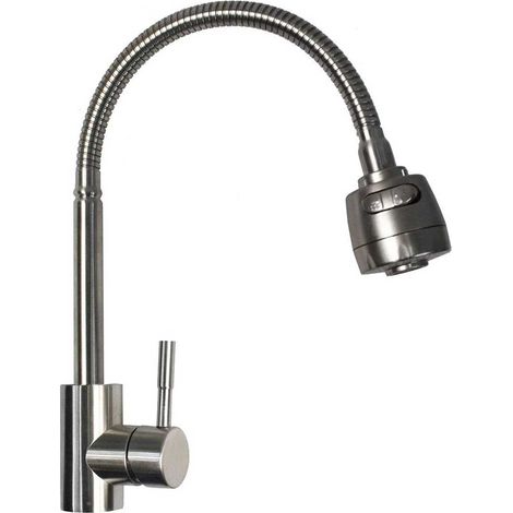 Rubinetto per lavello da cucina miscelatore a canna alta orientabile monocomando con doccetta doppio getto in ottone satinato (1/2)