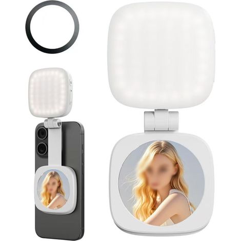 Magnetische Selfie-Leuchte mit Spiegel, wiederaufladbare LED-Füllleuchte, faltbare, tragbare Ringleuchte für Blogging, Make-up und Videoaufnahmen (Weiß) (1/3)
