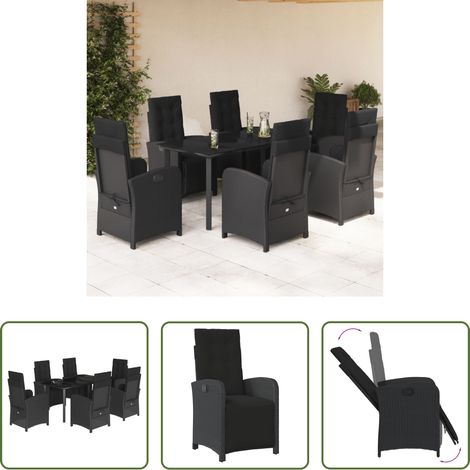 vidaXL Gartenessgruppe - 7-tlg. Garten-Essgruppe mit Kissen Schwarz Poly Rattan (1/5)