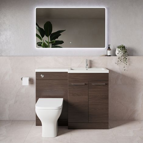 Napoli 390 Brown Oak 1100mm 2 Door Vanity Unit Toilet Suite with Square Right Hand Lucia Basin - 1100mm - Chrome 160mm HandleWith Kingston Toilet Pan and Seat