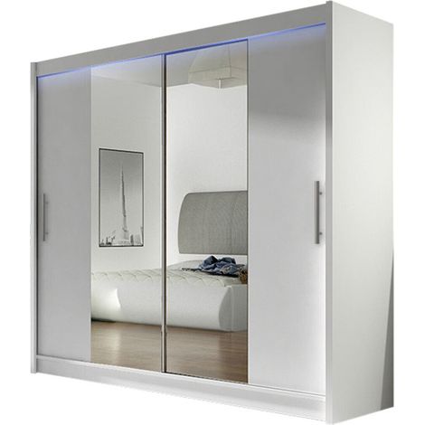 Mobilier1 – Armoire coulissante blanche 215x180x58cm – 2 portes – Éclairage LED intégré – Stratifié – Pour rangement moderne