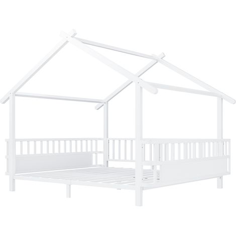 Lit enfant en métal forme maison avec barrière de sécurité, 140 x 200 cm, blanc sans matelas (1/5)