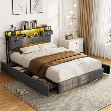 Cama doble 160x200 cm con somier de lamas, Cama con arcón 160x200 cm con 4 cajones, Cama 160x200 cm de metal, LED, 2 personas, Gris (1/5)