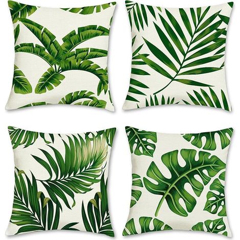 4 Pièces Housse de Coussin Feuilles Tropicales 40 x 40 cm Feuille de Palmier Plante Polyester Lin Décoratif Verte Taie d'oreiller (1/5)