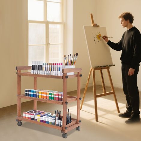 Kunstwagen-Aufbewahrungs-Organizer aus massivem Buchenholz, 3-stöckiges Roll-Utility-Studio-Taboret mit Rollen, multifunktionales Aufbewahrungswagen-Walnuss