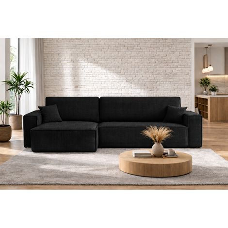 Canapé d’angle convertible réversible CARLOS XL – Velours côtelé noir, grand coffre, fonction couchage, montage universel