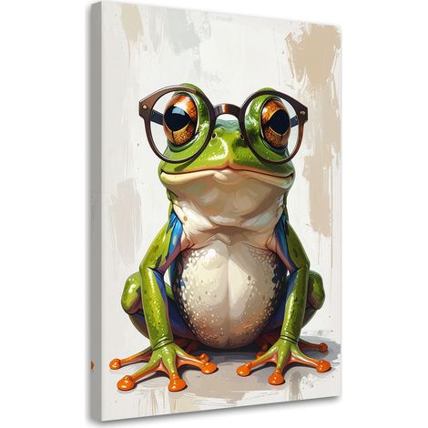 Impression sur Toile, Grenouille verte avec des lunettes sur fond beige,20x30 (1/4)