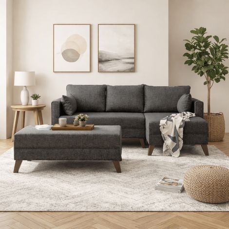 Schlafsofa Stoff Anthrazit - Ecksofa inklusive Ottomane - Rechts