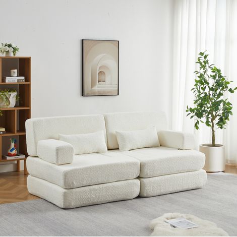 Sofá cama modular 2 en 1 de tela beige, sillón individual y cama de invitados plegable con respaldo alto, estructura de metal, ideal para espacios pequeños – CHICFURN - CHICFURN (1/5)