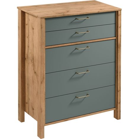 AX LIVING Kommode mit Schubladen Iseonia K5S 90cm, Eiche Wotan & Green