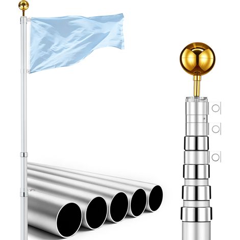 VEVOR Mástil de Bandera Telescópico para Exterior 6,09 m Asta para Bandera, Estructura de Aluminio, Base de Fijación, Kit Completo de Instalación, para Fiesta Eventos Actividades Comercial, Plateado (1/5)