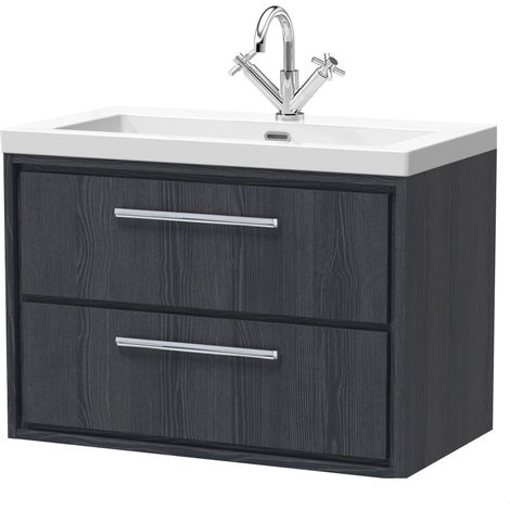 Longnor 2 Drawer Wall Hung Vanity Unit with 1 Tap Hole Modern Fireclay Basin, Woodgrain Graphite Grey, 800mm