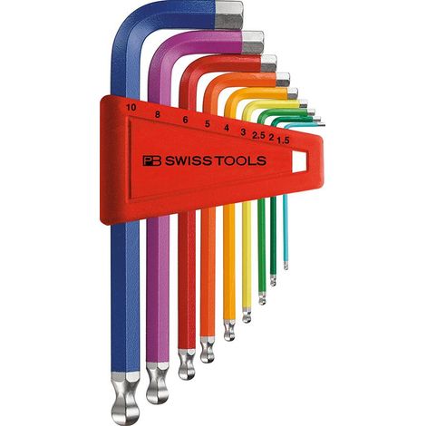 Set di chiavi a bussola esagonali angolate in astuccio di plastica, 9 pezzi, 1,5-10 mm, estremità sferica, Rainbow, PB Swiss Tools