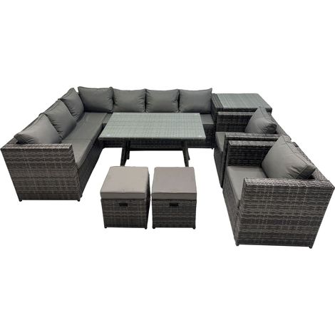 Fimous 10-seater Outdoor PE Rattan Sofa Set with Dining Table Patio Garden Furniture Sets with 2 Chair 2 Small Stools Side Table Dark Grey Mixed (1/5)