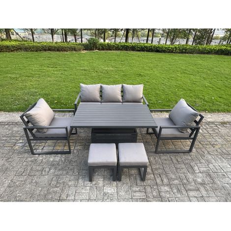 Fimous 6-Piece Aluminium Garden Furniture Sets 7 Seater Outdoor Sofa Set with Adjustable Rising Lifting Dining Table 2 Chairs 2 Small Footstools (1/5)