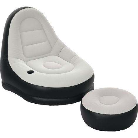 Canapé gonflable et repose-pieds, tissu aspect peluche doux et porte-gobelet, gris (1/5)