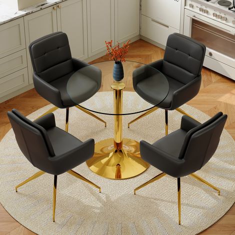 Set tavolo e sedie 4 posti, tavolo rotondo in vetro temperato 85 cm, nero e oro HAVRYA (1/5)