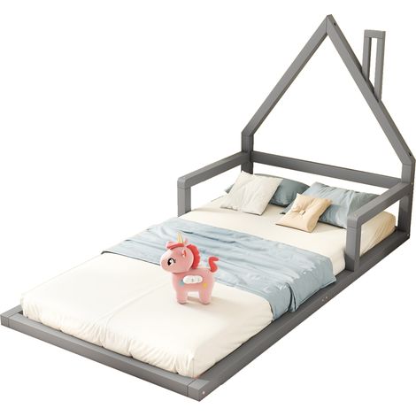 Lit enfant en pin massif et MDF gris 90x200 cm – forme maison, sommier à lattes inclus (1/5)