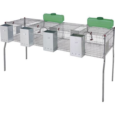 Gabbia per conigli a 4 scomparti con pavimento in metallo 200 x 62 x 99 cm dotata di tramogge e abbeveratoi.