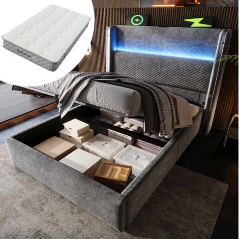 Letto con contenitore 221x103x121 cm, LED, testiera alta, ricarica USB e Type-C, lino, grigio (1/5)