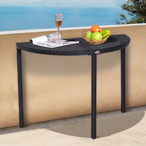 Table de balcon semi-circulaire Table d’appoint de jardin en polyrotin et métal noir 100x50x74cm,idéal pour terrasse et balcon