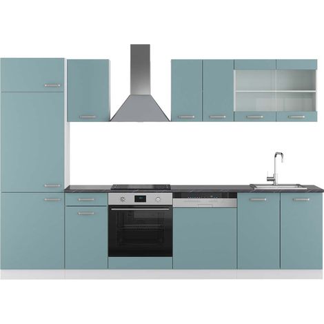 Küchenzeile R-Line, Blau-Grau/Weiß, 300 cm , AP Anthrazit, Vicco