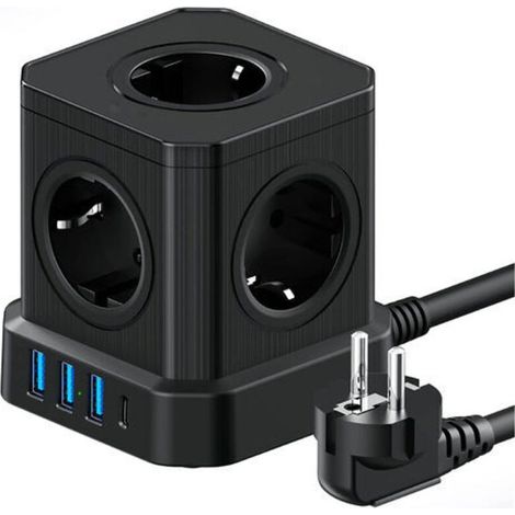 Multiprise Cube 9-en-1 avec USB 5 Prises EU avec 3 Ports USB-A et 1 Port USB-C 4000W Prise avec Interrupteur et Cable 2M Rallonge (1/4)