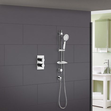 Lily 2 Dial 1 Way Round Concealed Thermostatic Mixer Valve, Slider Rail & 3 Mode Handset Chrome (1/5)