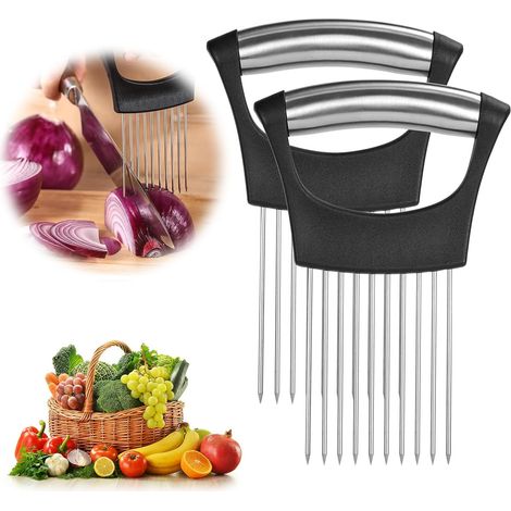soportes de acero inoxidable para cortar cebollas, utensilios de cocina, cortador de verduras para pepino, cebolla y tomate, herramienta para cortar carne, fruta y aguacate. (1/5)