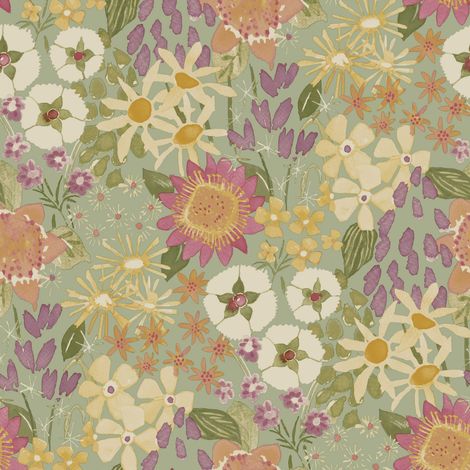Sgriggy Floral Wallpaper Watercolour Flowers Sage Green Pink Feature Wall (1/4)