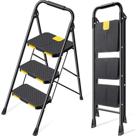 Escabeau 3 Marches avec Verrouillage de sécurité, Large Pédale Antidérapante, Escabeau Pliable avec Mains Courantes, Échelle Domestique pour Maison, Cuisine, Bureau, Léger Portable, Noir (1/5)