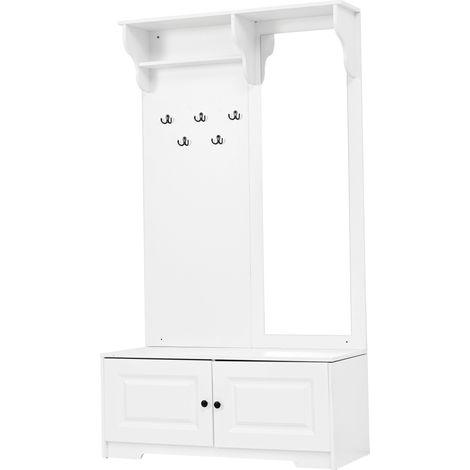 Mobile ingresso multifunzione 100 x 40 x 180 cm bianco con specchio, 5 ganci e 2 vani portaoggetti (1/5)