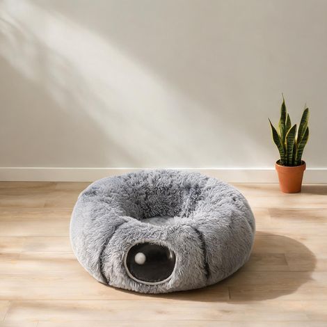Lit tunnel pour chat avec coussin rond amovible gris doux 90 x (1/5)