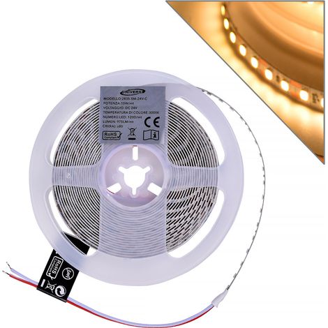 STRISCIA LED 2835 LUCE CALDA 3000K° 5 METRI 24V FLESSIBILE E TAGLIABILE OGNI 1CM - IDEALE PER ILLUMINAZIONE INTERNA DESIGN MODERNO PER SOGGIORNI CUCINE E UFFICI