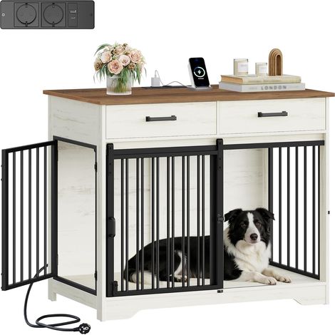 Cage pour Chien Meuble avec Prise, Cage Chien d'intérieur avec Porte Style Grange & 2 Tiroirs, Table d'appoint pour Moyens/Grands Chiens,Blanc et Marron
