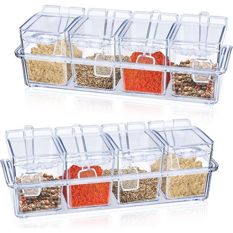 Lot de 8 pots à épices transparents en plastique avec couvercle, cuillères et plateau à condiments, petits pots à épices pour sel, sucre, poivre (2)