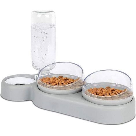 Ciotola doppia rialzata per animali domestici, inclinabile fino a 15°, anti-vomito, ciotola 3 in 1 con serbatoio d'acqua automatico, adatta a gatti e cuccioli (grigio) (1/5)